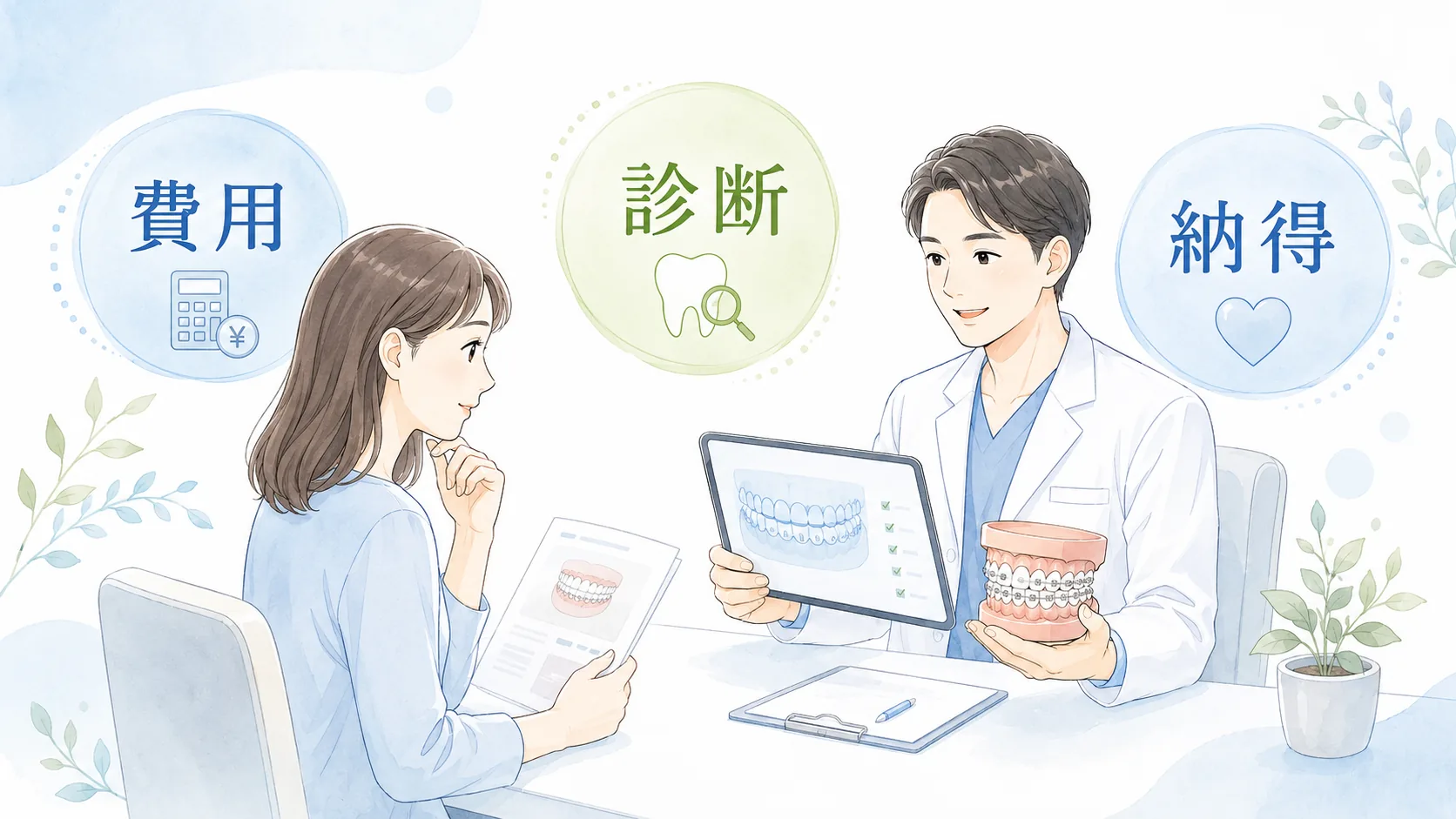 矯正治療の費用や診断について説明を受ける相談場面の画像