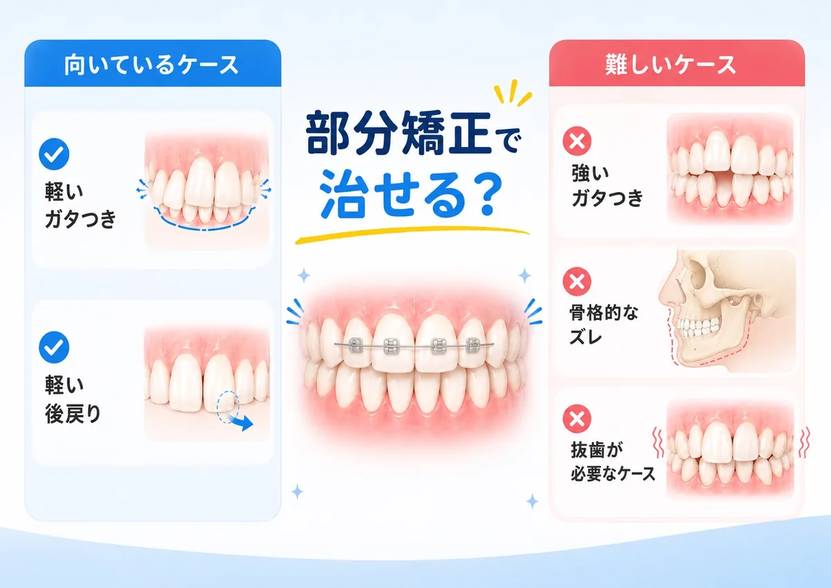 部分矯正で治せるケースと難しいケースを比較した図