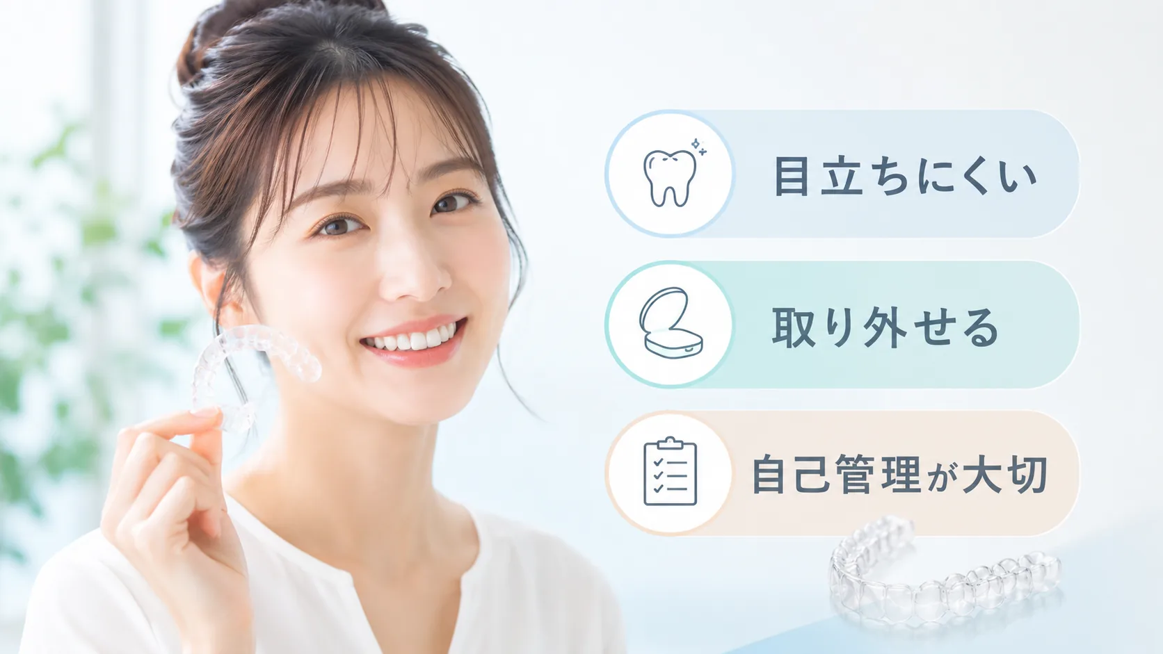 マウスピース矯正の特徴と自己管理のポイントを説明した画像