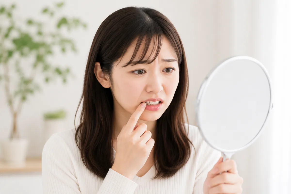 八重歯が気になり鏡で歯並びを確認する女性