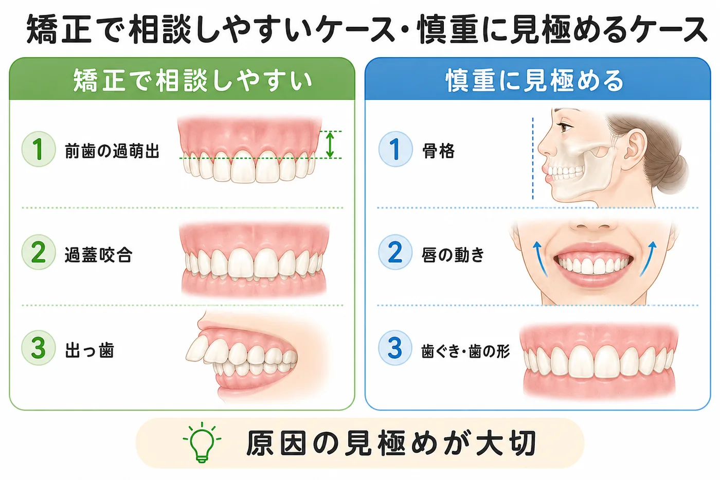 ガミースマイルで矯正相談しやすいケースと慎重に見極めるケースを比較した図